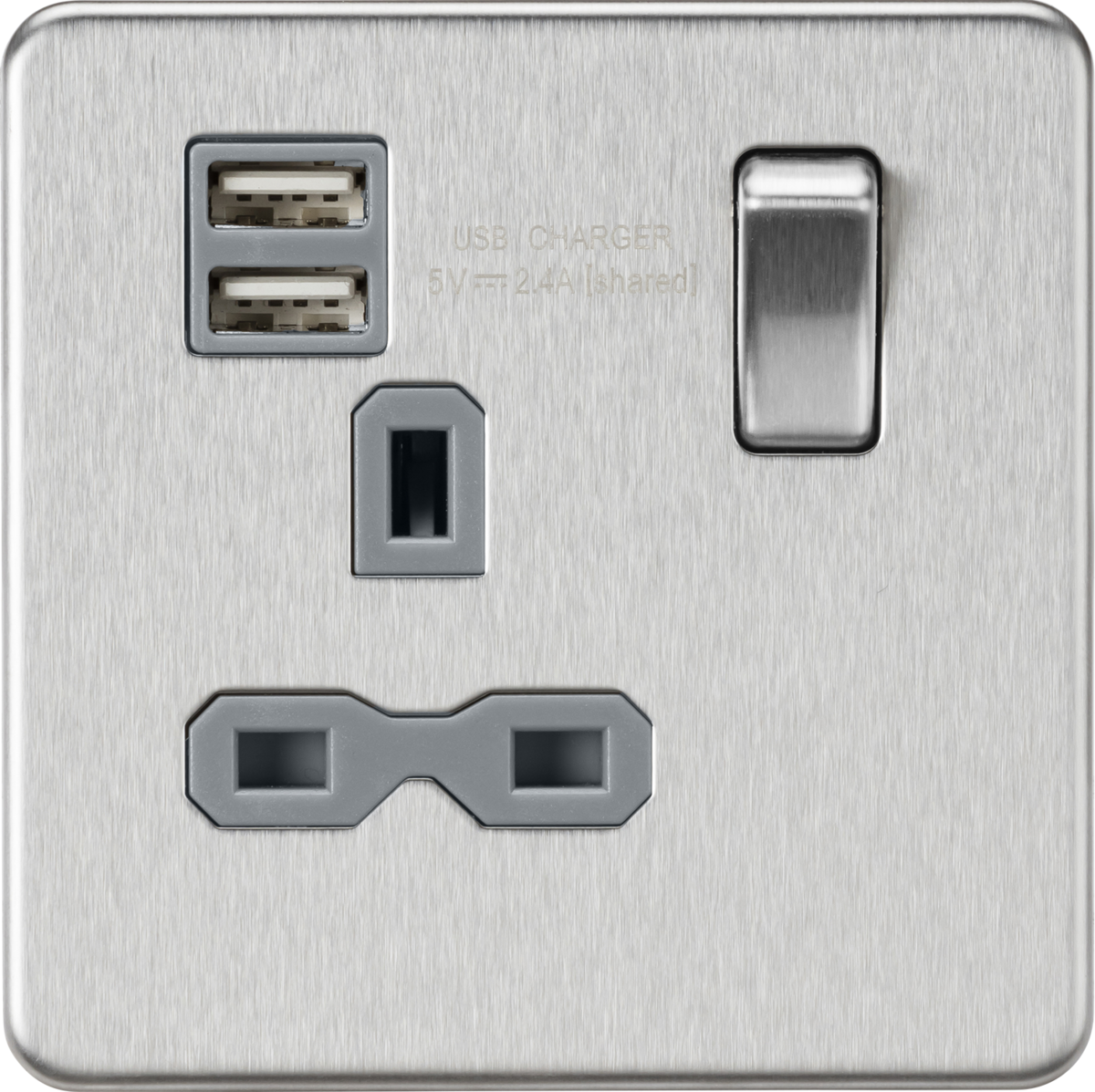 Knightsbridge SFR9124BCG 1 Gang 13A DP Switched USB Socket Brushed Chrome Grey Insert