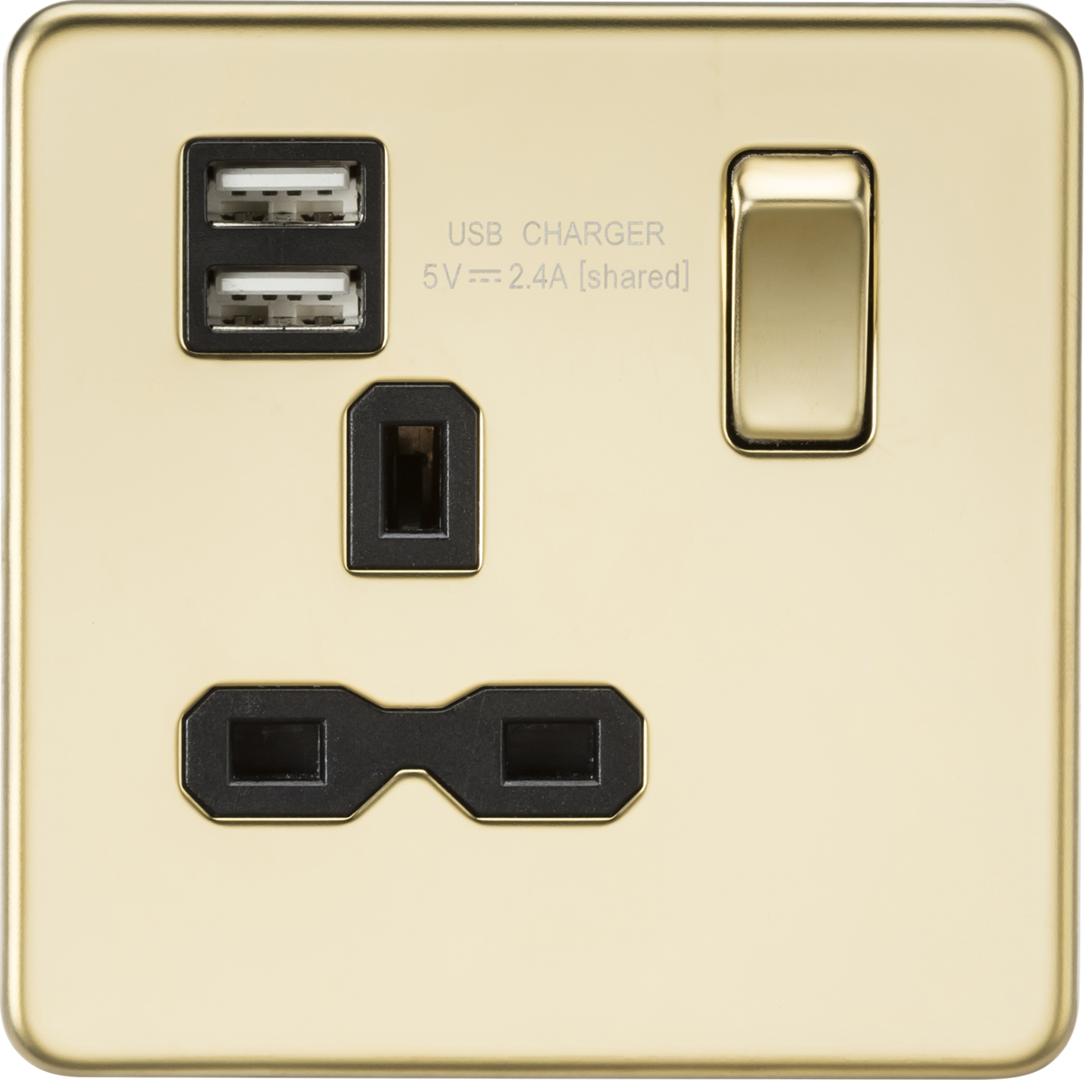 Knightsbridge SFR9124PB 1 Gang 13A DP Switched USB Socket Polished Brass Black Insert