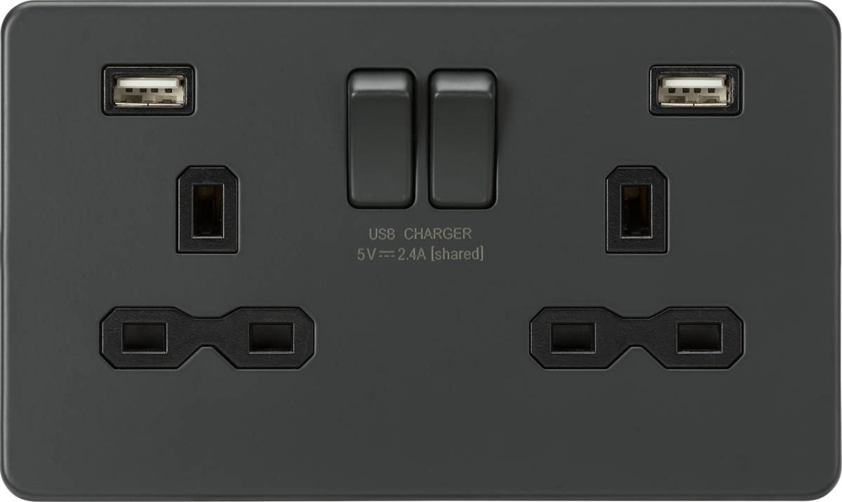 Knightsbridge SFR9224AT 2 Gang 13A DP Switched USB Socket Anthracite