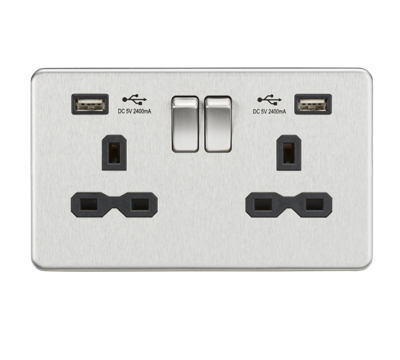 Knightsbridge SFR9224BC 2 Gang 13A DP Switched USB Socket Brushed Chrome