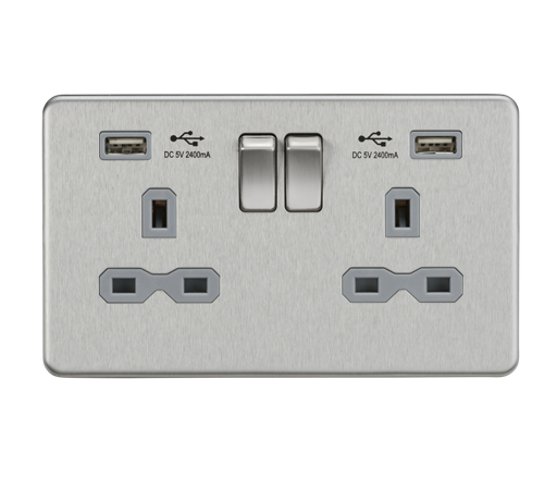 Knightsbridge SFR9224BCG 2 Gang 13A DP Switched USB Socket Brushed Chrome