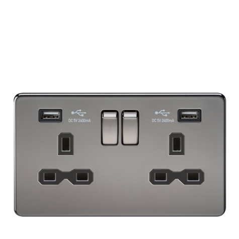 Knightsbridge SFR9224BN 2 Gang 13A DP Switched USB Socket Black Nickel