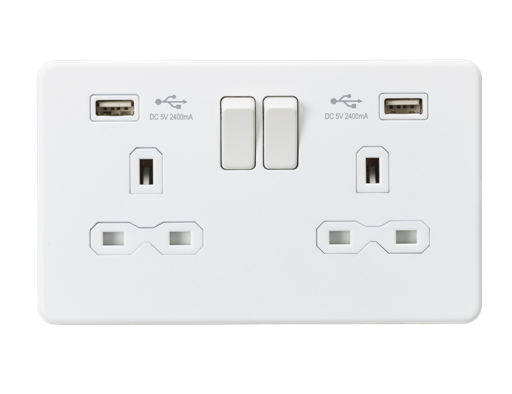 Knightsbridge SFR9224MW 2 Gang 13A DP Switched USB Socket Matt White