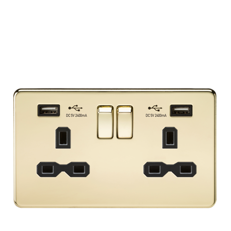 Knightsbridge SFR9224PB 2 Gang 13A DP Switched USB Socket Polished Brass Black Insert