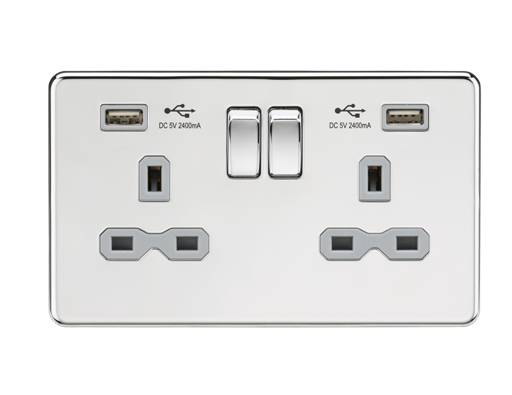 Knightsbridge SFR9224PCG 2 Gang 13A DP Switched USB Socket Polished Chrome Grey Insert