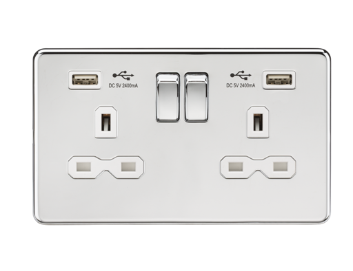 Knightsbridge SFR9224PCW 2 Gang 13A DP Switched USB Socket Polished Chrome White Insert