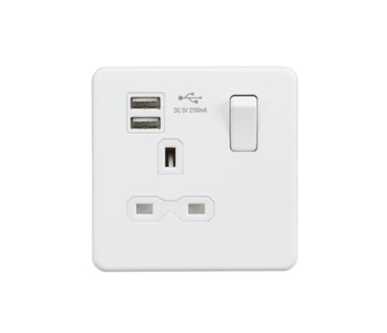 Knightsbridge SFR9124MW 1 Gang 13A DP Switched USB Socket Matt White