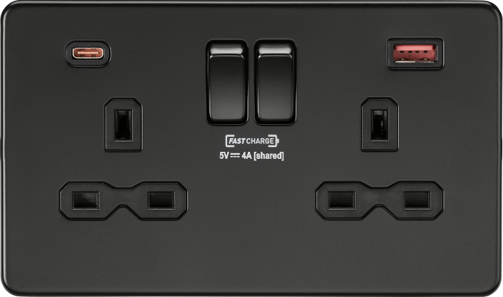 Knightsbridge SFR9909MBB 2 Gang 13A DP Type A + C 1.5A (12VDC) USB Socket Matt Black