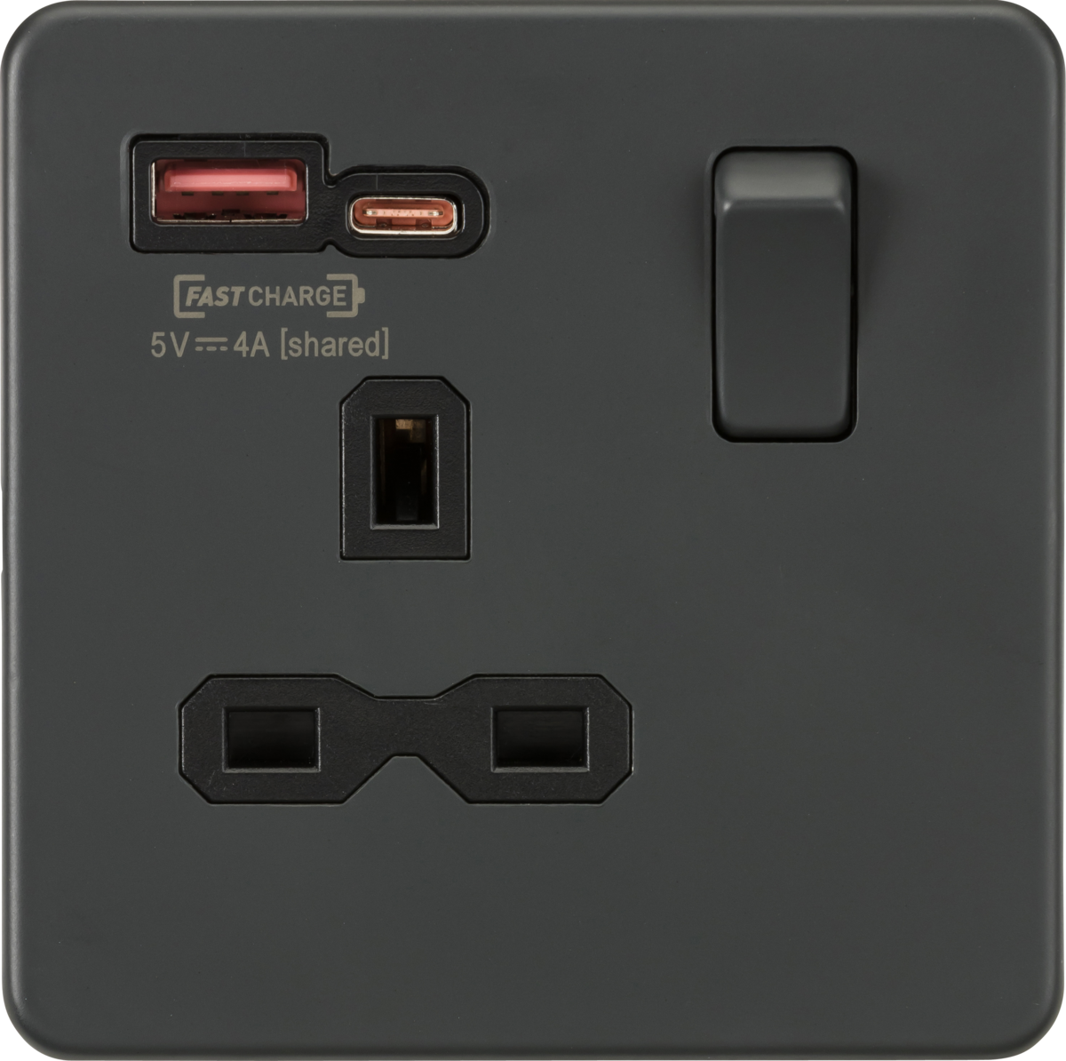 Knightsbridge SFR9919AT 1 Gang 13A DP Type A + C 1.5A (12VDC) USB Socket Anthracite