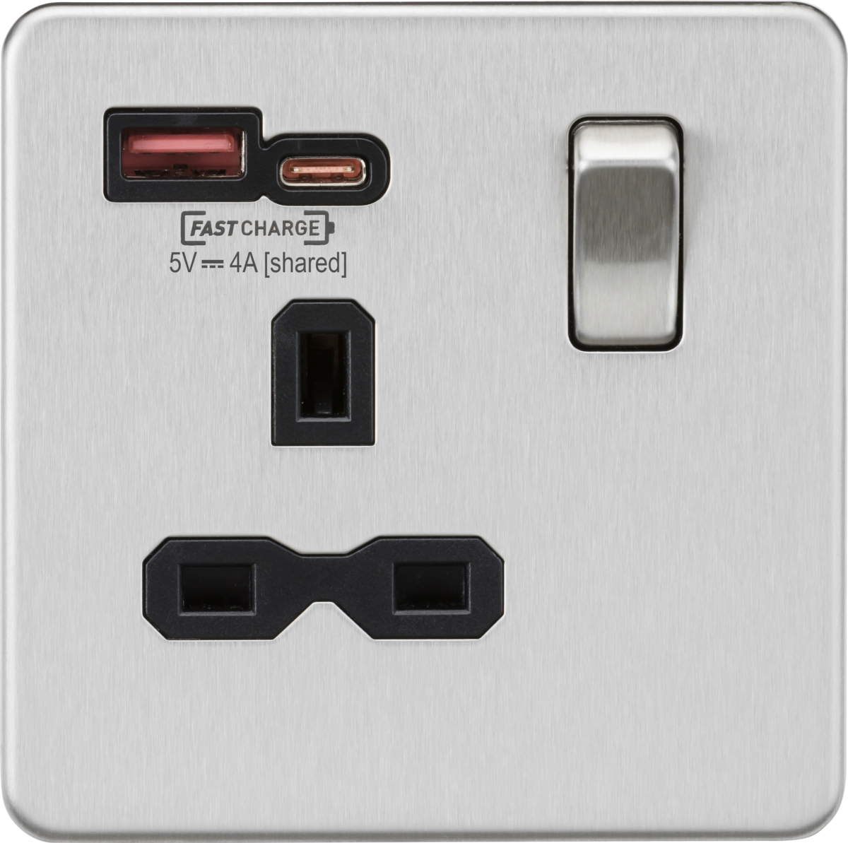 Knightsbridge SFR9919BC 1 Gang 13A DP Type A + C 1.5A (12VDC) USB Socket Brushed Chrome Black Insert