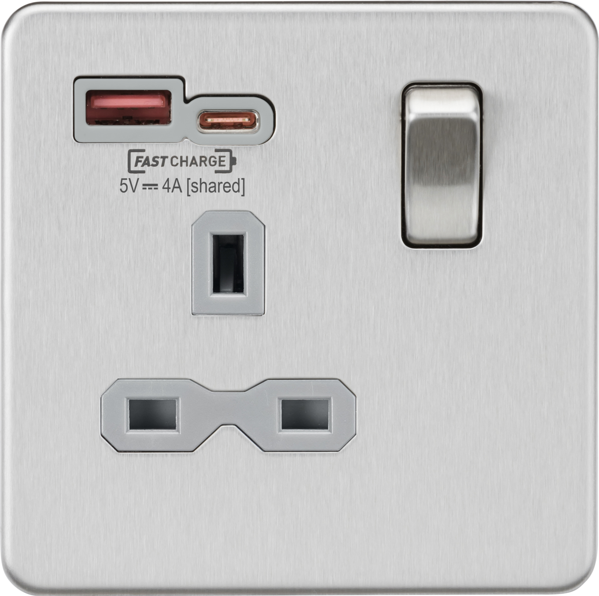 Knightsbridge SFR9919BCG 1 Gang 13A DP Type A + C 1.5A (12VDC) USB Socket Brushed Chrome Grey Insert