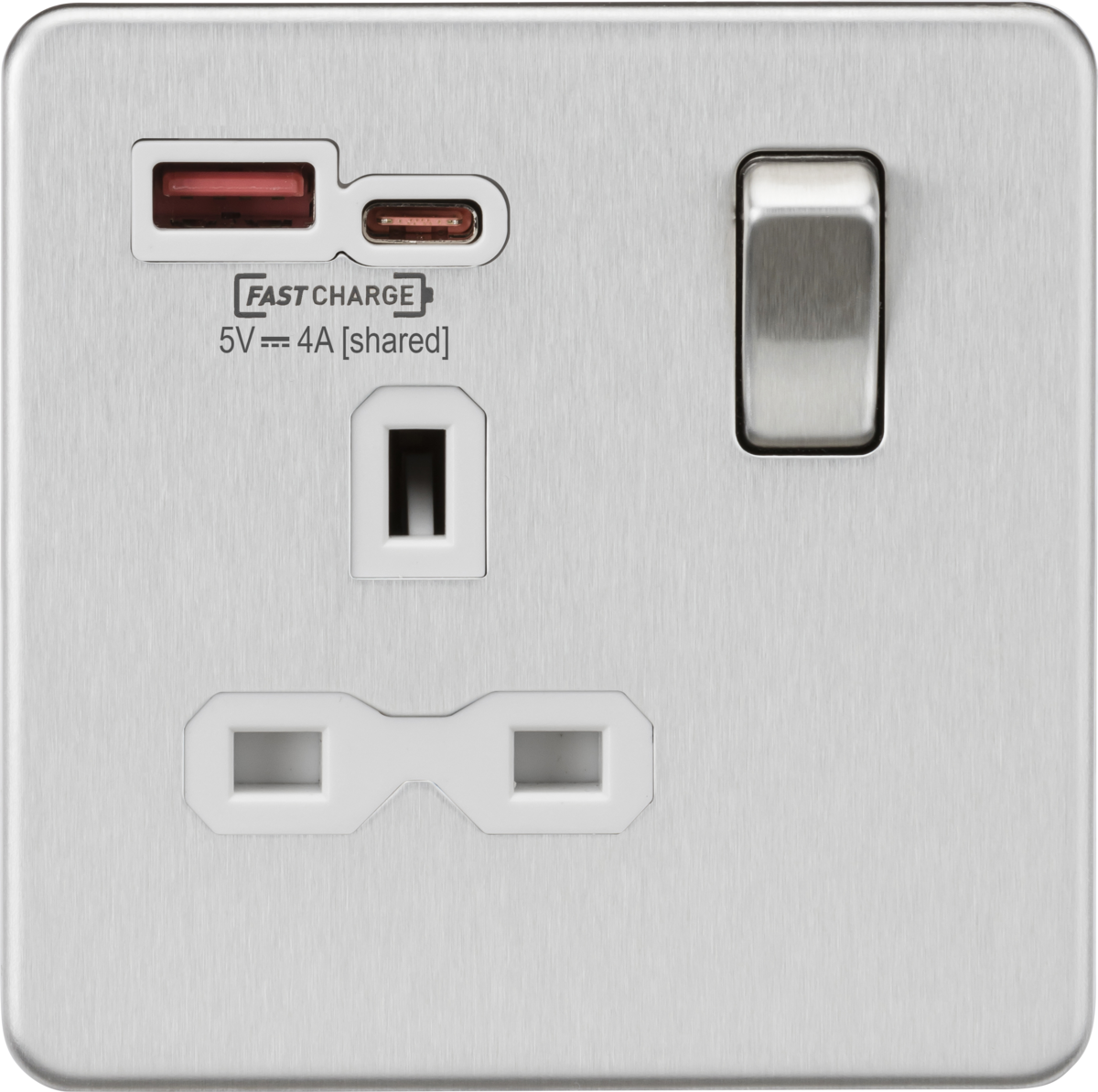 Knightsbridge SFR9919BCW 1 Gang 13A DP Type A + C 1.5A (12VDC) USB Socket Brushed Chrome White Inser