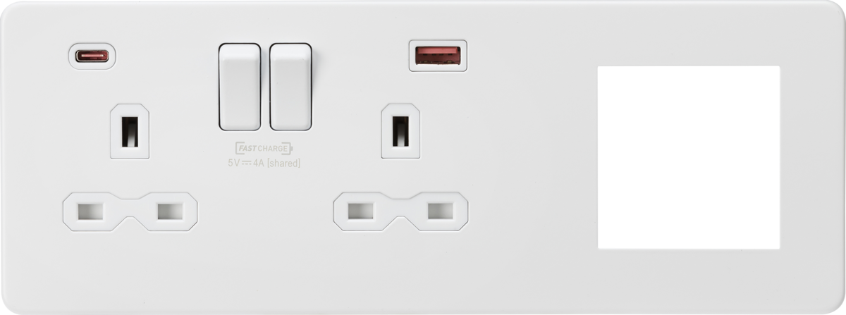 Knightsbridge SFR992LMW 2 Gang 13A DP Switched Socket with USB & 2x Module Left Hand Multimedia Face