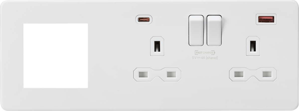 Knightsbridge SFR992RMW 2 Gang 13A DP Switched Socket with USB & 2x Module Right Hand Multimedia Fac