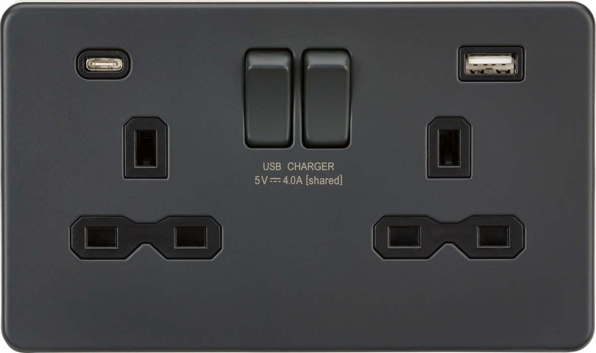 Knightsbridge SFR9940AT 2 Gang 13A Type A + C 4A (5VDC) USB Socket Anthracite