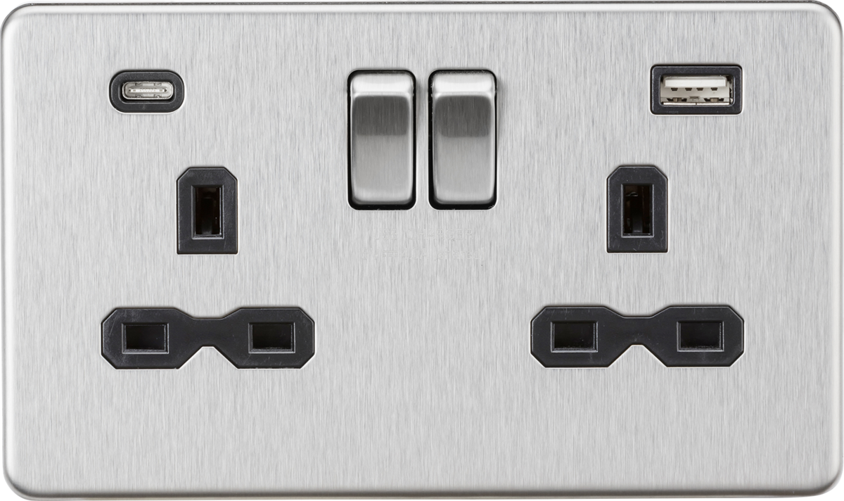 Knightsbridge SFR9940BC 2 Gang 13A Type A + C 4A (5VDC) USB Socket Brushed Chrome Black Insert