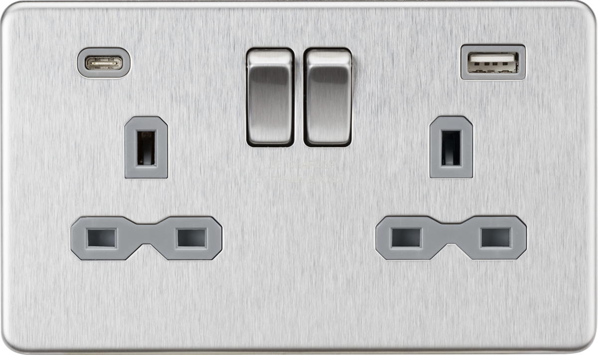 Knightsbridge SFR9940BCG 2 Gang 13A Type A + C 4A (5VDC) USB Socket Brushed Chrome Grey Insert