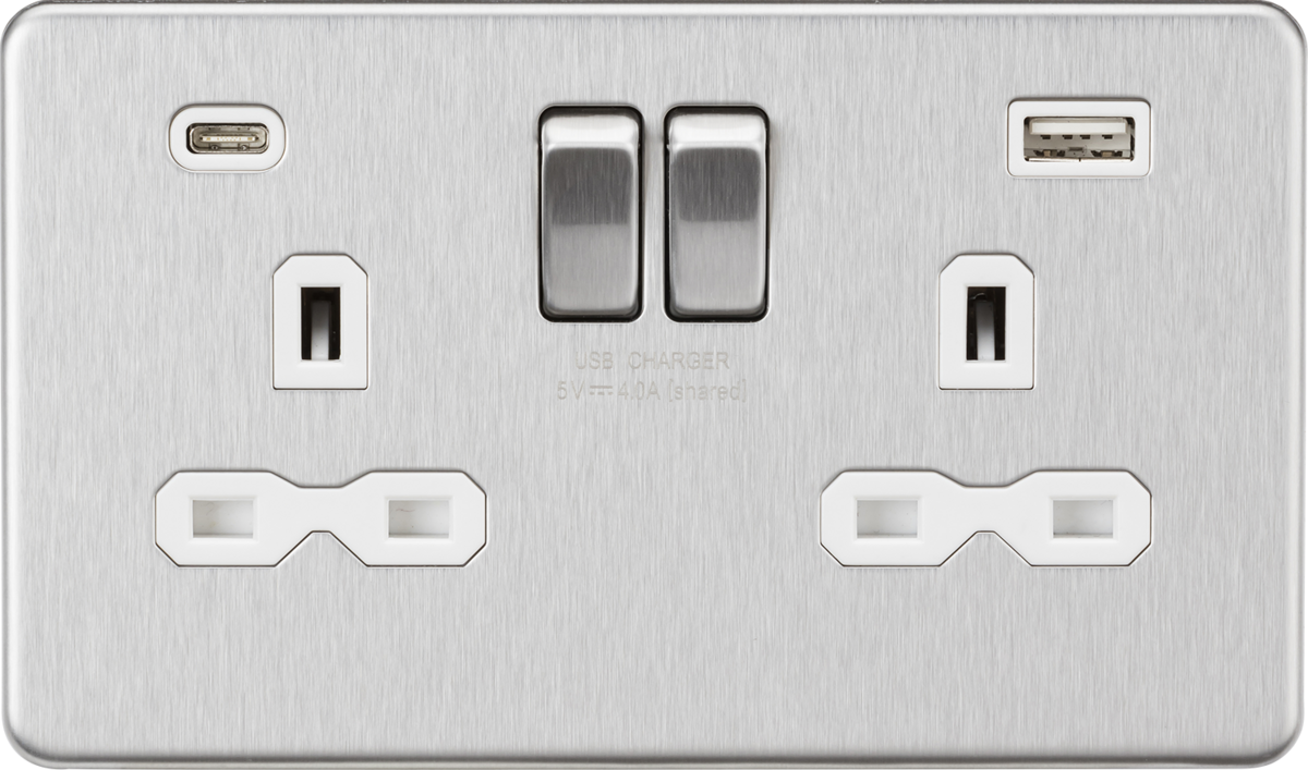 Knightsbridge SFR9940BCW 2 Gang 13A Type A + C 4A (5VDC) USB Socket Brushed Chrome White Insert