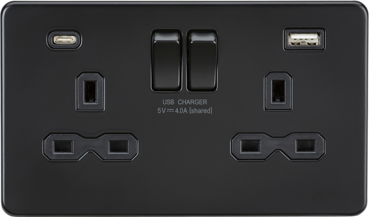 Knightsbridge SFR9940MBB 2 Gang 13A Type A + C 4A (5VDC) USB Socket Matt Black