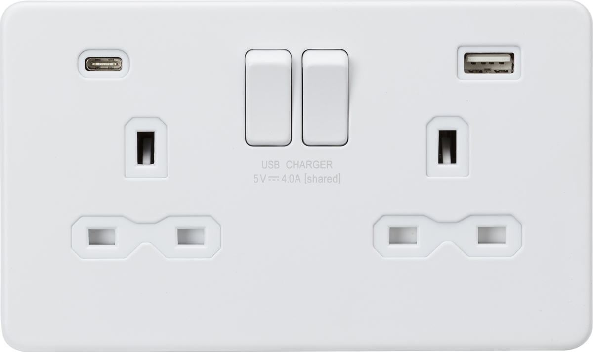 Knightsbridge SFR9940MW 2 Gang 13A Type A + C 4A (5VDC) USB Socket Matt White