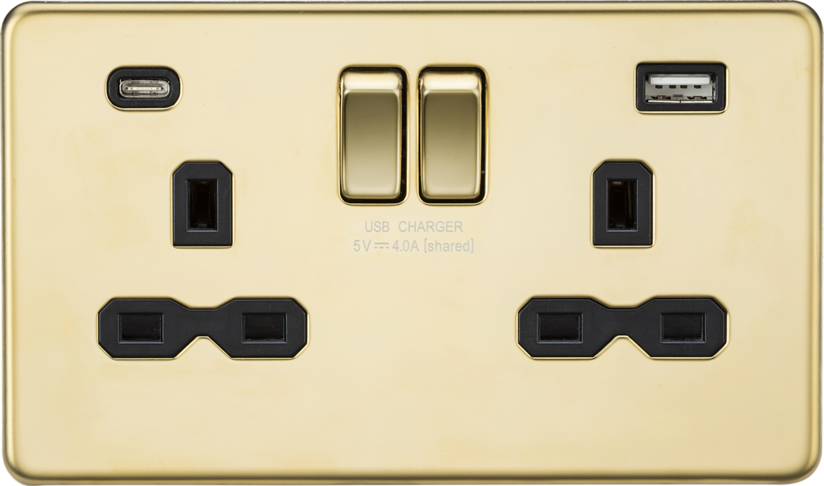 Knightsbridge SFR9940PB 2 Gang 13A Type A + C 4A (5VDC) USB Socket Polished Brass Black Insert