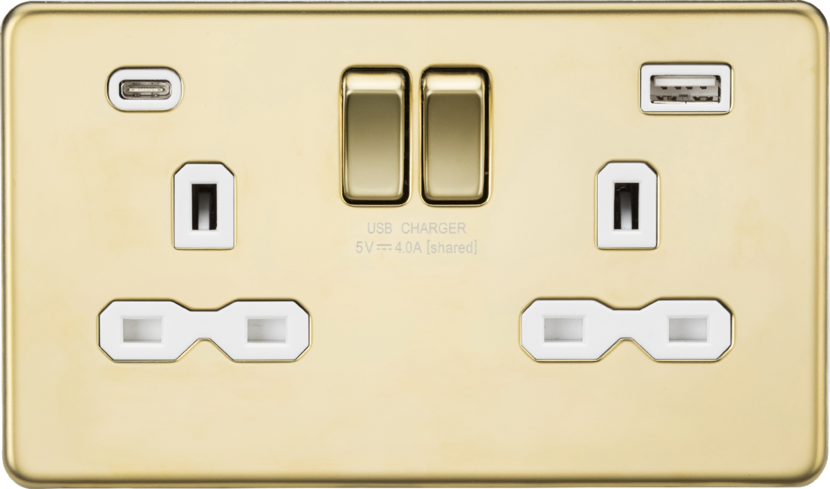 Knightsbridge SFR9940PBW 2 Gang 13A Type A + C 4A (5VDC) USB Socket Polished Brass White Insert