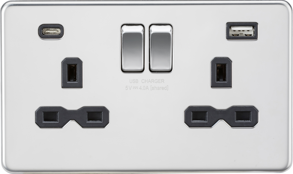 Knightsbridge SFR9940PC 2 Gang 13A Type A + C 4A (5VDC) USB Socket Polished Chrome Black Insert