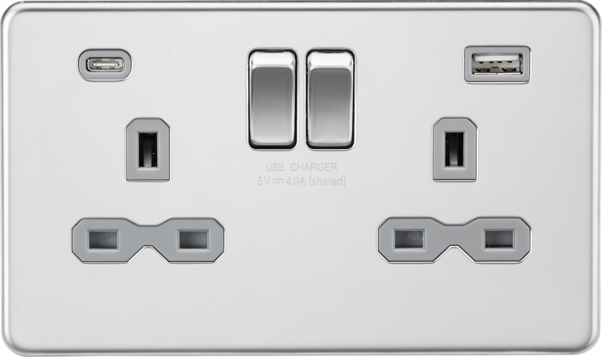 Knightsbridge SFR9940PCG 2 Gang 13A Type A + C 4A (5VDC) USB Socket Polished Chrome Grey Insert