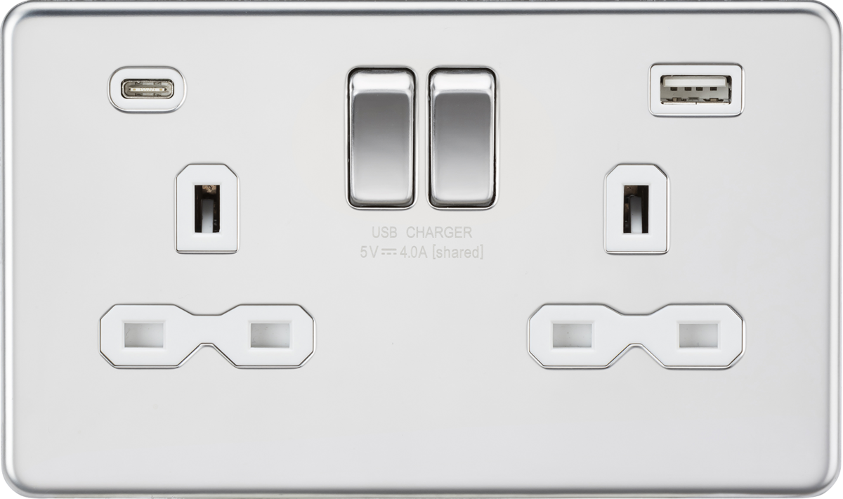 Knightsbridge SFR9940PCW 2 Gang 13A Type A + C 4A (5VDC) USB Socket Polished Chrome White Insert