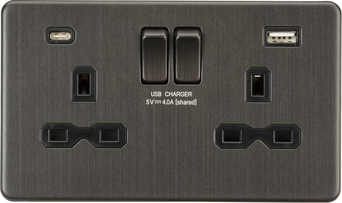 Knightsbridge SFR9940SB 2 Gang 13A Type A + C 4A (5VDC) USB Socket Smoked Bronze