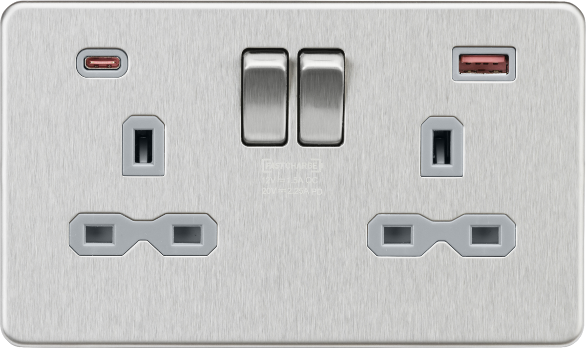 Knightsbridge SFR9945BCG 2 Gang 13A DP Switched A+C Fast Charge USB Socket Brushed Chrome Grey Inser