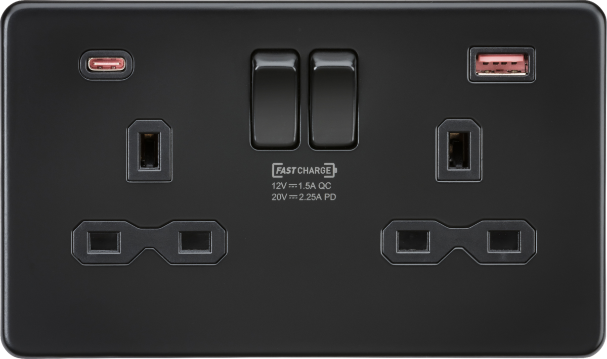 Knightsbridge SFR9945MBB 2 Gang 13A DP Switched A+C Fast Charge USB Socket Matt Black