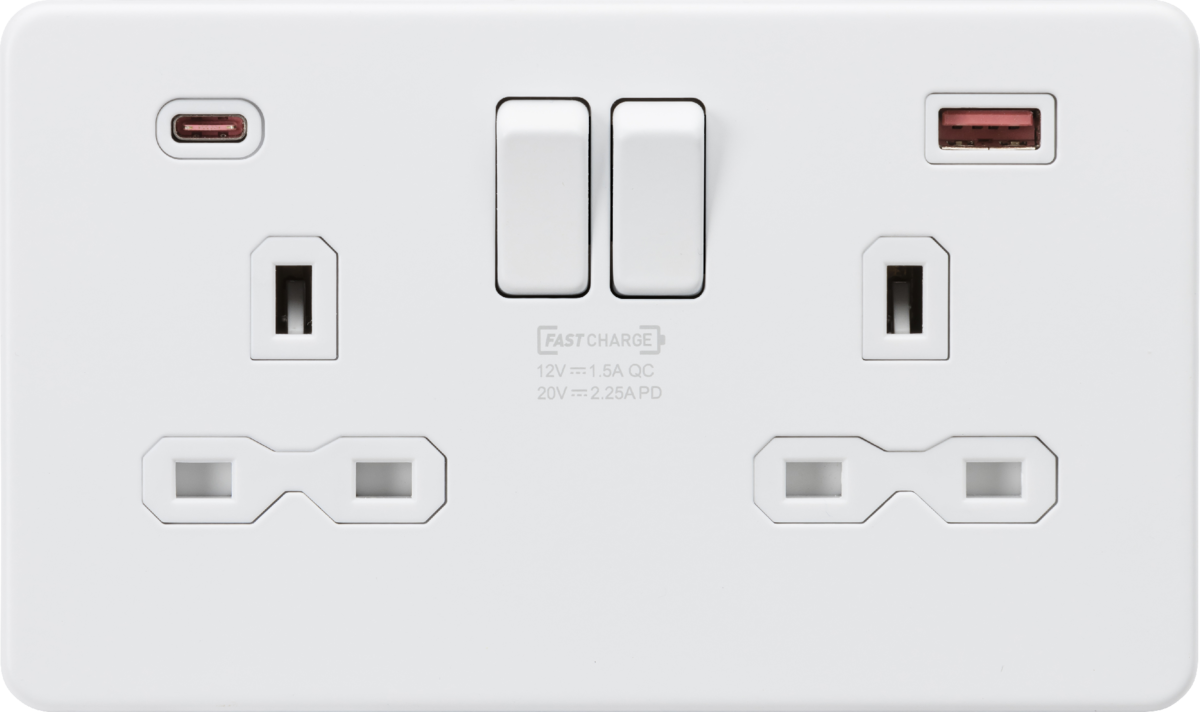 Knightsbridge SFR9224MW 2 Gang 13A DP Switched USB Socket Matt White