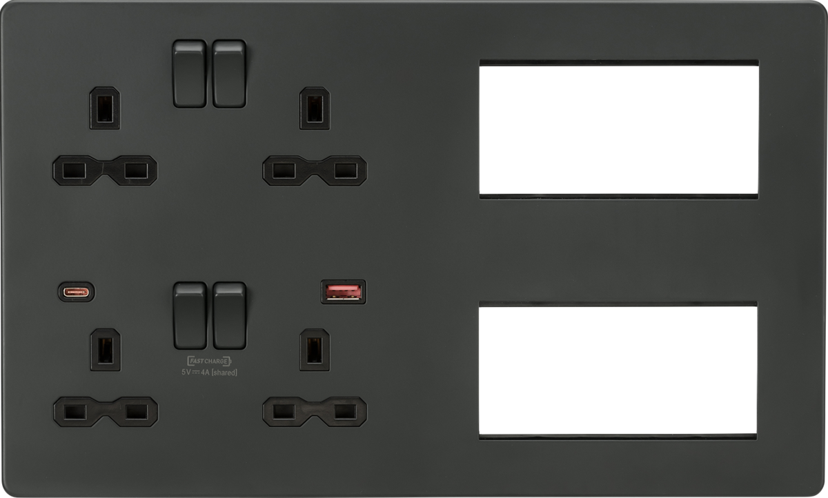 Knightsbridge SFR998AT 2 x 2 Gang 13A DP Switched USB Socket & 8 x Module Multimedia Faceplate Anthr