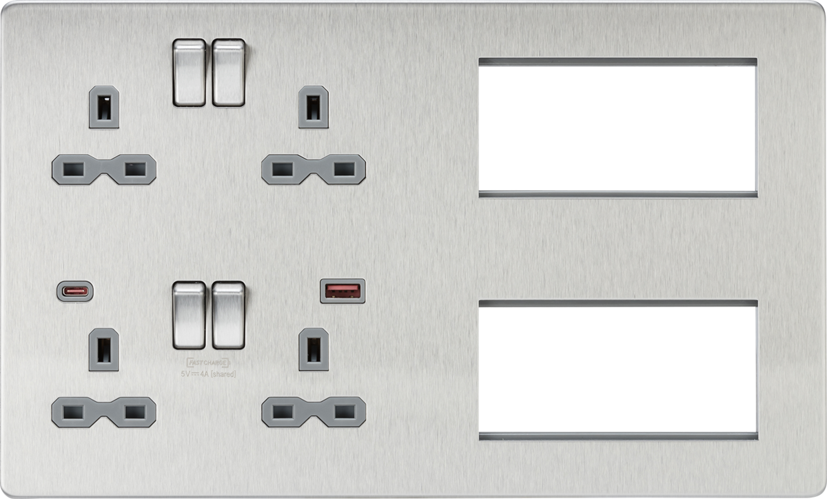 Knightsbridge SFR998BCG 2 x 2 Gang 13A DP Switched USB Socket & 8 x Module Multimedia Faceplate Brus