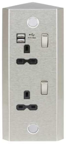 Knightsbridge SKR001A 2 Gang 13A Switched Corner Mount Socket with USB Brushed Chrome Black Insert