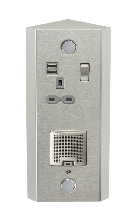 Knightsbridge SKR0013 Dual USB Corner Socket with Bluetooth Speaker Stainless Steel Grey Insert