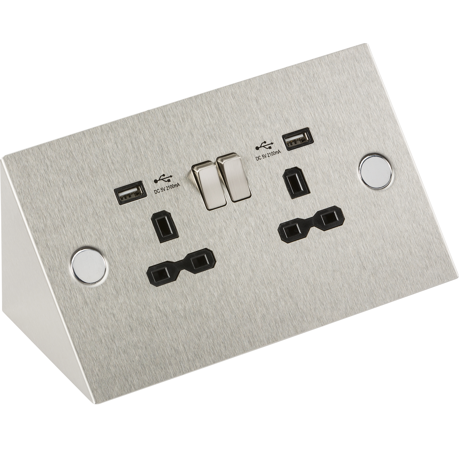 Knightsbridge SKR002A 2 Gang 13A Switched Counter Top Socket with USB Brushed Chrome Black Insert