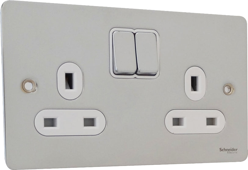 Schneider GU3220WPC 2 Gang 13A Switched Socket Polished Chrome White Insert