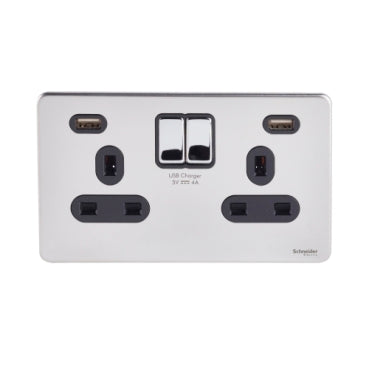 Schneider GGBGU3424DBPC 2 Gang Type A 4A USB Socket Polished Chrome Black Insert