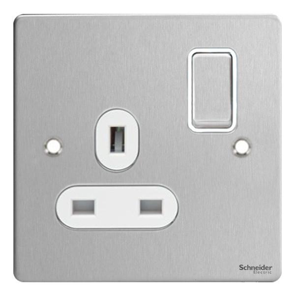 Schneider GU3210DWSS 1 Gang 13A DP Switched Socket Stainless Steel White Insert