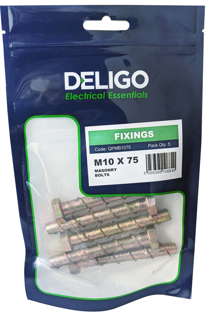 Deligo QPMB1075 M10 x 75mm Masonry Bolts (Pack of 5)